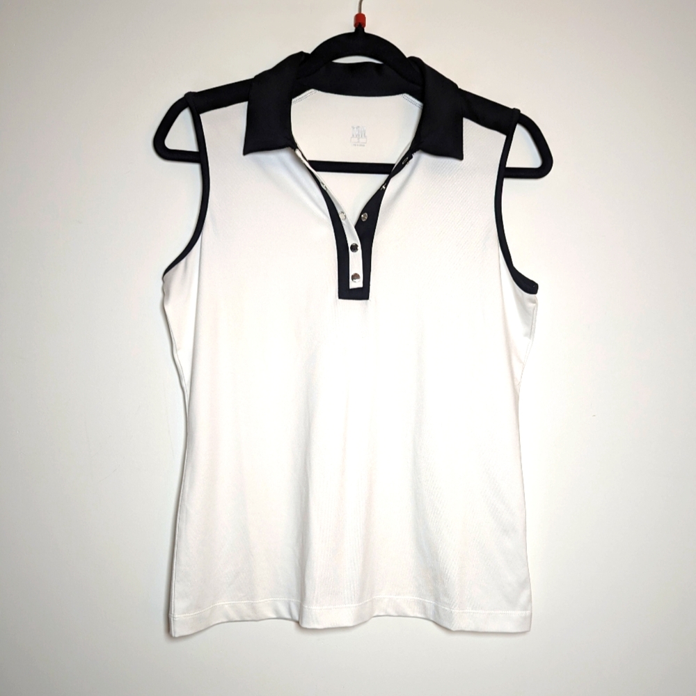 Tail White Sleeveless Polo Tank with Black Trim